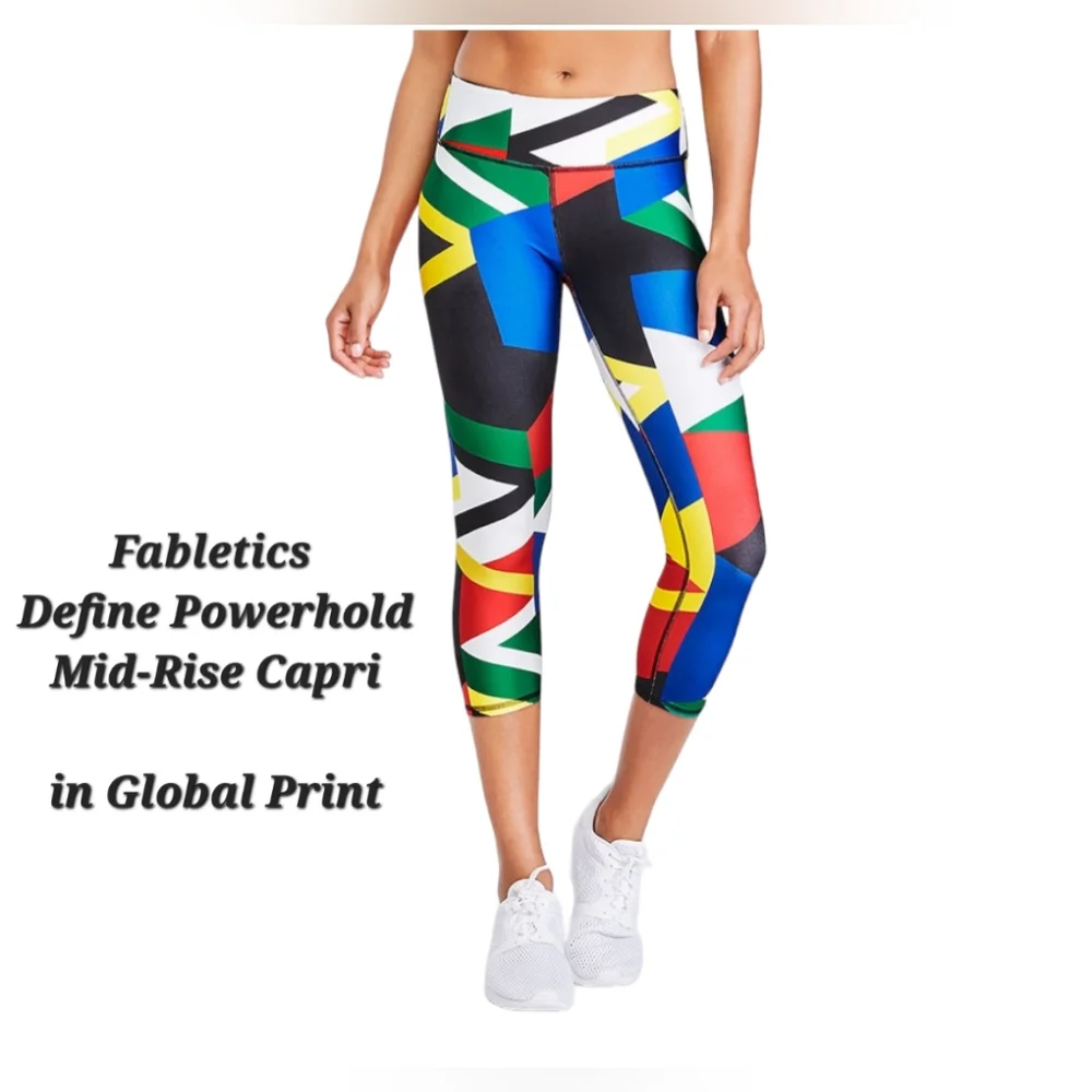 Fabletics Define Power Hold Mid Rise Capri Global Print Bold Colored Leggings M